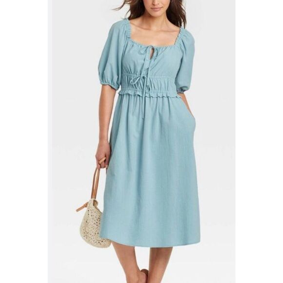 Universal thread blue smocked waist tie puff sleeve dress M - Picture 12 of 12